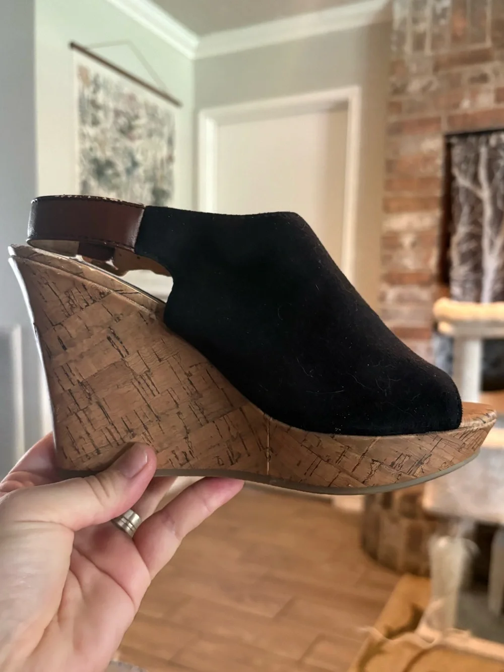 American Eagle By Payless Black Suede Cork Wedge Sandals